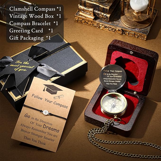 Compass Gift Set Engraved Compass with Chain Souvenir Present Bracelet with Greeting Card Walnut Wooden Box Gift Box for Women Men Friends Party Souvenir Favors