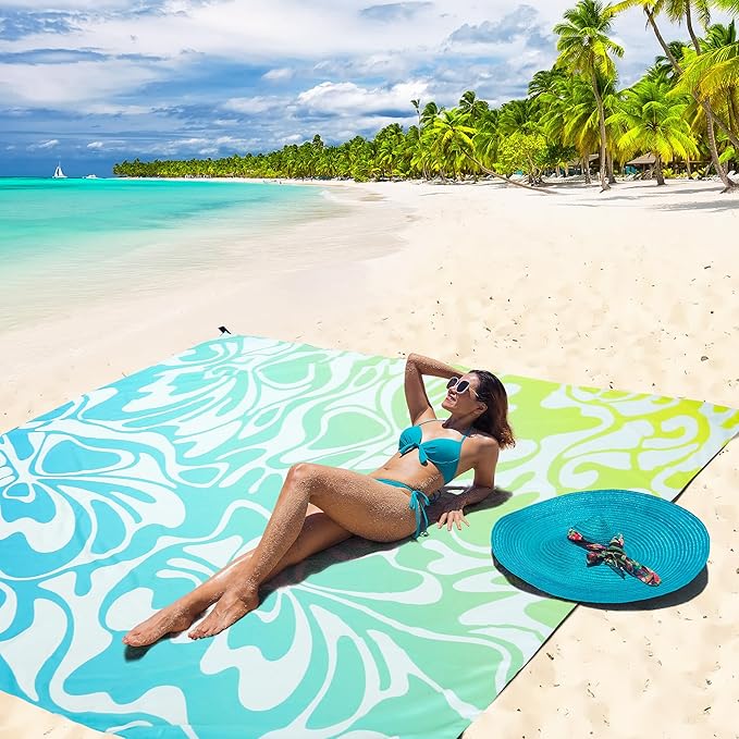 Beach Blanket, Sandproof Beach Mat, Waterproof Quick Drying Lightweight Outdoor Aztec Picnic Mat 79" X 83" for 2-4 Adults with Pocket for Travel, Camping, Hiking