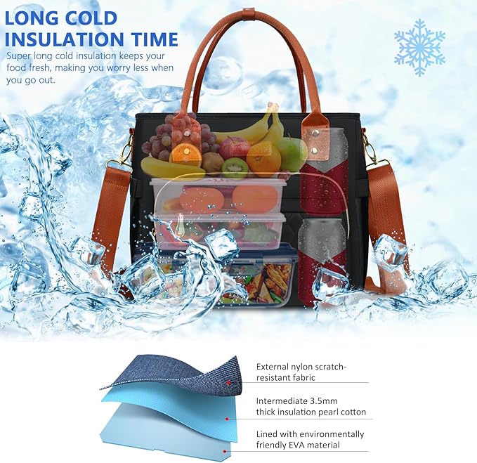 Lunch Bag Lunch Box Women - Leakproof Insulated Lunch Cooler Bag for Women - Large Lunch Tote Bags Adults, Black Orange