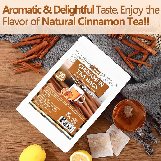Premium 50 Pure Ceylon Cinnamon Tea Bags, Made with 100% Ceylon Cinnamon Sticks, No Additives & Caffeine Free.