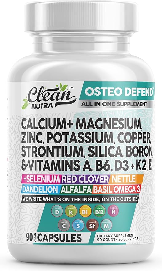 Clean Nutraceuticals Calcium Magnesium Zinc Supplement with Potassium, Copper, Strontium, Silica, Vitamin D3 K2, Boron, Vitamin B1 B12 Red Clover Herb Alfalfa Basil Pills for Men & Women Osteo Defend