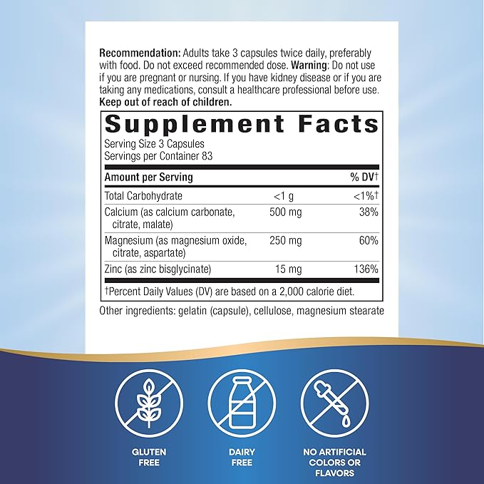 Nature's Way Calcium Magnesium & Zinc Mineral Complex, Supports Bone Health & Muscle Function*, Immune Support*, 250 Capsules (Packaging May Vary) - 2 Pack