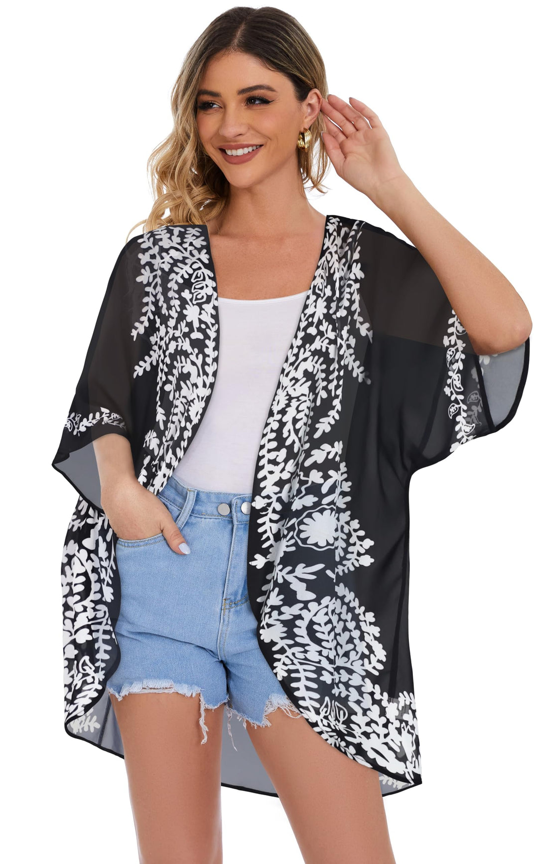 Womens Floral Kimono Cardigans Beach Cover Tops Loose Puff Sleeve Casual Blouse (C Black Flower, S)