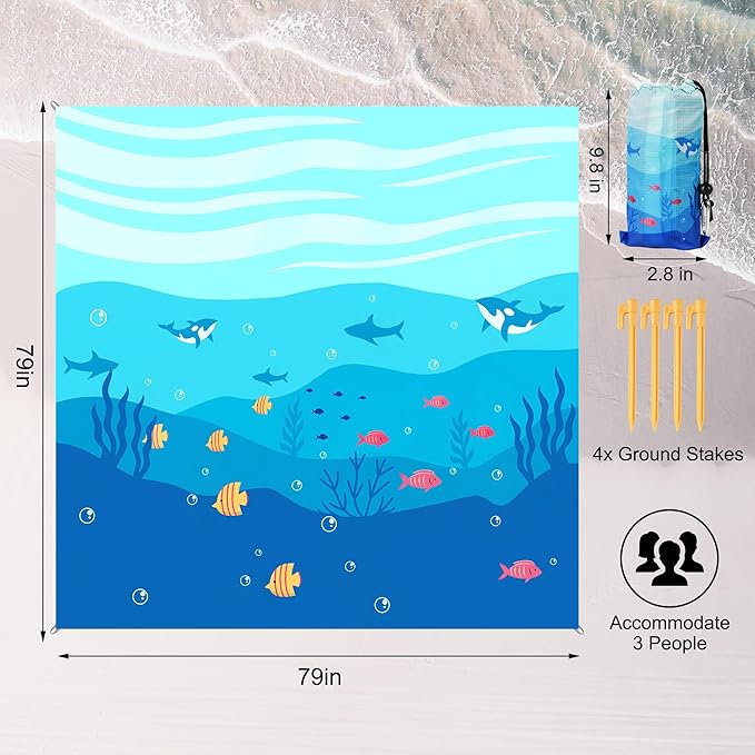 Beach Blanket Waterproof Sandproof, 79x79Inch Sand Free Beach Mat, Quick Drying, Light Weight and Portable Outdoor Picnic Mat for Travel, Camping