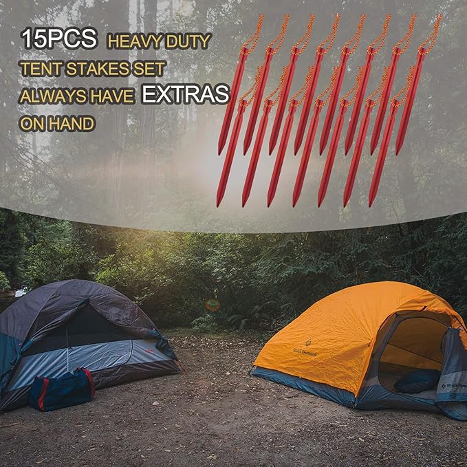 15Pack Tent Stakes, Lightweight Tent Stakes Heavy Duty, Metal Stakes with Pull Rope, 7075 Aluminum Tent Pegs for Backpacking, Durable Camping Tent Accessories, Red