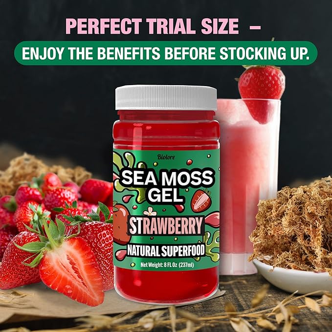 Biolore Sea Moss Gel Strawberry Made in USA Raw Wildcrafted Irish Seamoss Essential Vitamins Trace Minerals Vegan Superfood (Strawberry 8OZ)