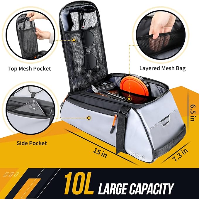 WOTOW Bike Rear Rack Bag - 10L Large Full Reflective Waterproof Trunk Bag, Multifunctional Bicycle Back Seat Cargo Carrier with Shoulder Strap(Full Reflective)