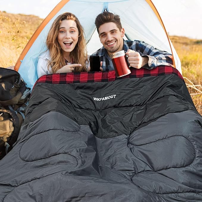 Cotton Flannel Double Sleeping Bag for Adults Machine Washable 2 Person Camping Sleeping Bag Queen Size Waterproof with Compression Sack for Cold Weather 3-4 Seasons