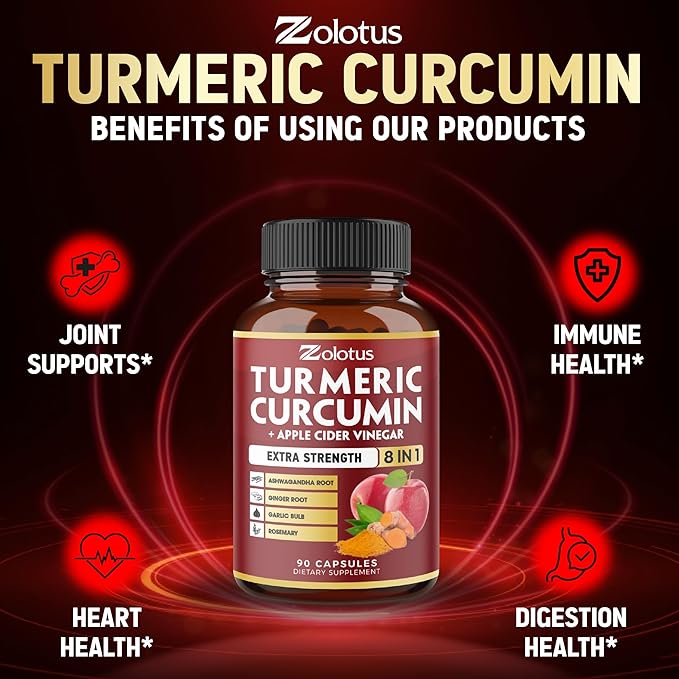 7 in 1 Turmeric Curcumin + Apple Cider Vinegar Capsules, 3 Month Supply with Ashwagandha, Ginger, Garlic Bulb, 95% Standardized Curcuminoids, Joint & Absorption Support