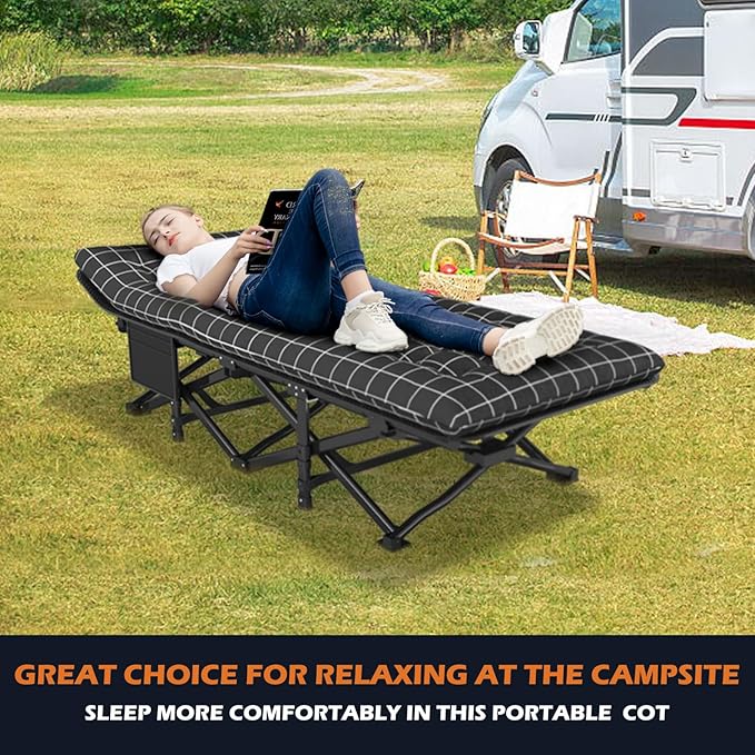 ATORPOK Camping Cot for Adults with Cushion Comfortable,Portable Folding Bed for Sleeping,Lightweight Folding Bed with Carry Bag for Kids Supports 450 lbs (Black)