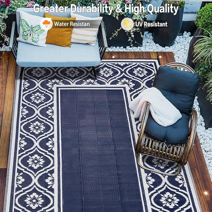 Outdoor Rug 8x10 Patio Waterproof Mat Camping Carpet Blue Outside Area Rug Reversible Rugs for RV Deck Entryance Porch Picnic Balcony Beach