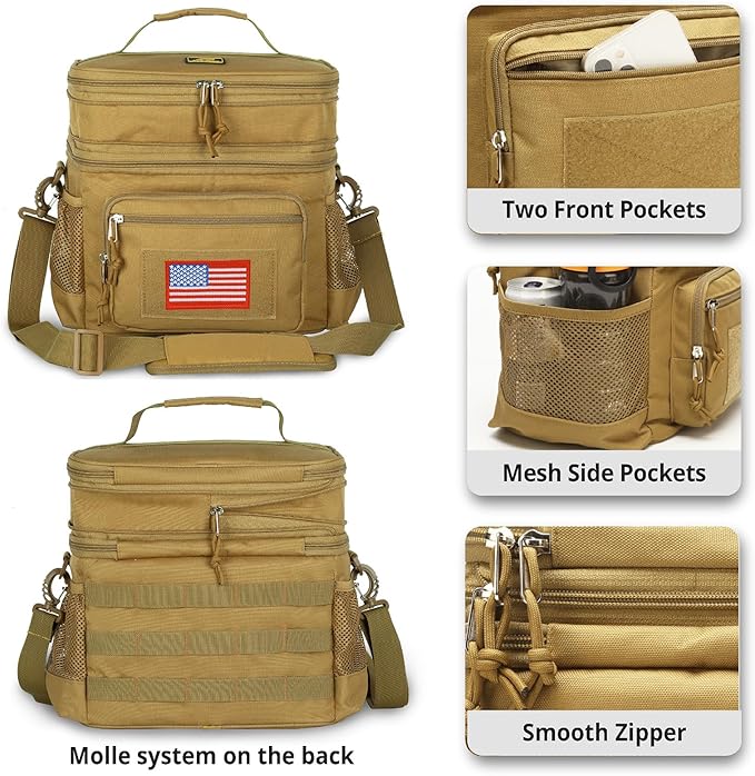 ATRIPACK Lunch Bag for Men, Double Deck Tactical Lunch Box Work with Shoulder Strap MOLLE Webbing Large Lunch Cooler Leakproof Insulated （Brown）