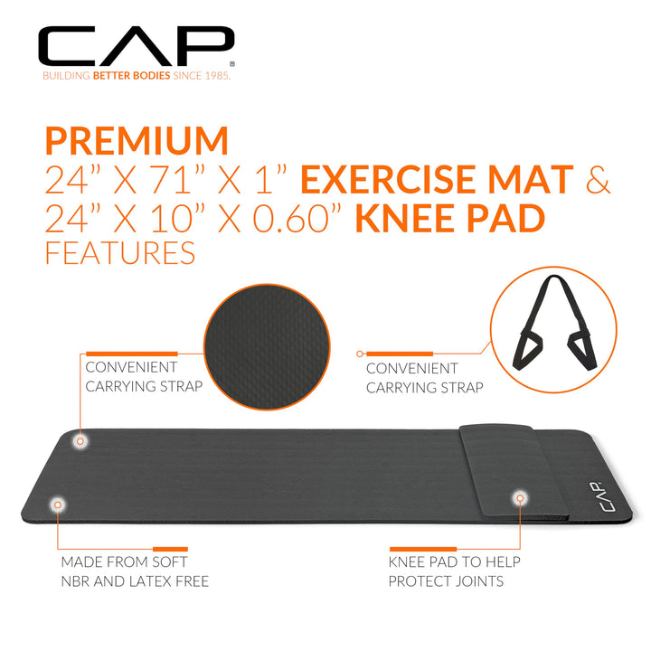 CAP High Density Exercise Yoga Mat with strap and Knee Pad 71"x24"x1/2" BLACK