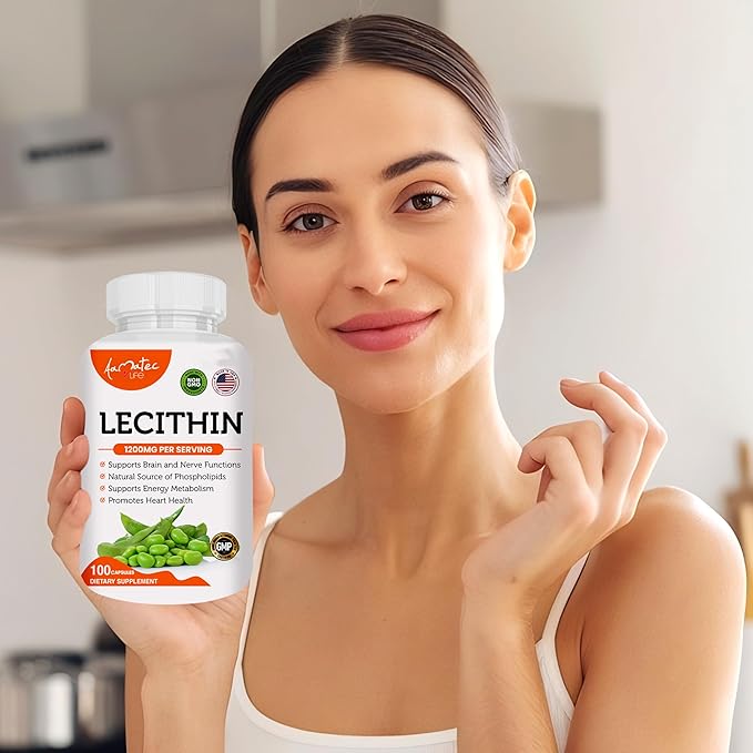 Soy Lecithin 1200mg Capsules Supplement for Heart, Liver & Brain Health – Supports Immune System, Brain Function & Metabolism - Non-GMO & Made in The USA- 100 Capsules / 1200mg