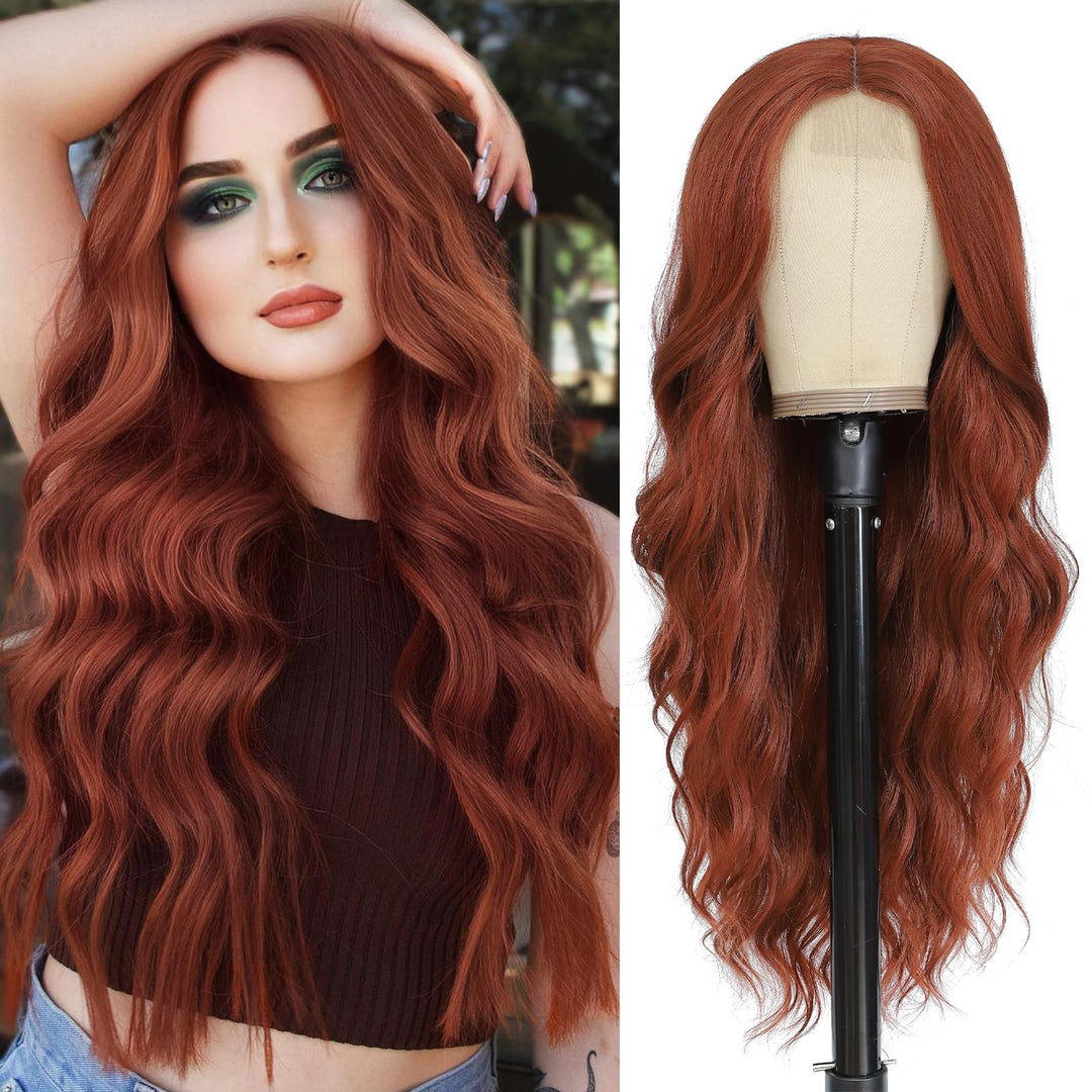 NAYOO Long Wavy Wigs for Women 26 Inch Middle Part Curly Wig Synthetic Heat Resistant Fiber Women Wigs for Daily Party Use (Auburn-2)