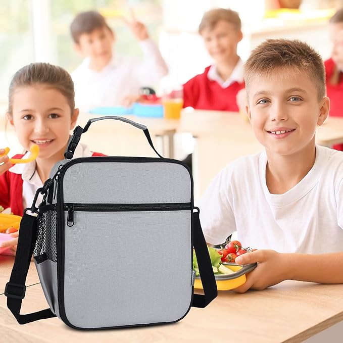 Kids Insulated Lunch Box Bag, Thermal Picnic Cool Bags with Adjustable Strap for Adults Children Women Men Boys Girls School Work (Gray)