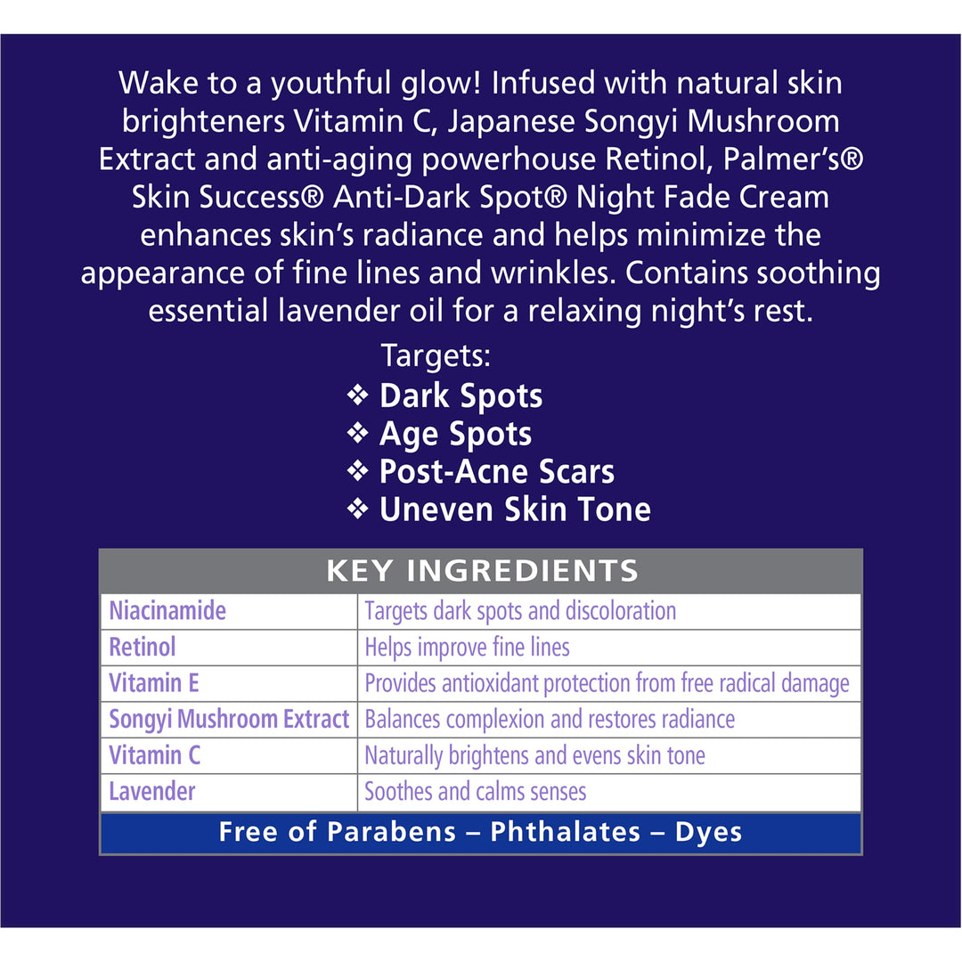 Palmer's Skin Success Anti-Dark Spot Nighttime Fade Cream with Retinol & Niacinamide, Dark Spot Corrector for Face, Night Moisturizer Helps Reduce Dark Spots, Fine Lines & Wrinkles, 2.7 Ounce