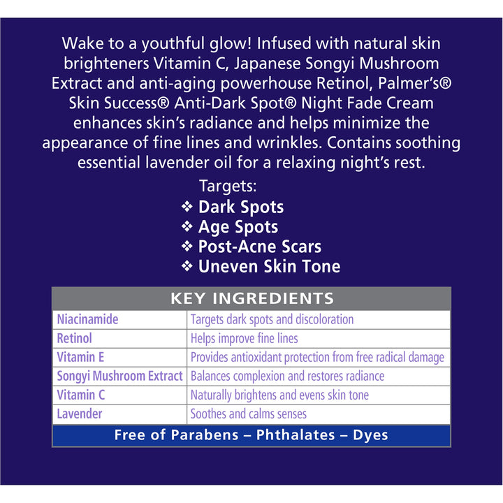 Palmer's Skin Success Anti-Dark Spot Nighttime Fade Cream with Retinol & Niacinamide, Dark Spot Corrector for Face, Night Moisturizer Helps Reduce Dark Spots, Fine Lines & Wrinkles, 2.7 Ounce