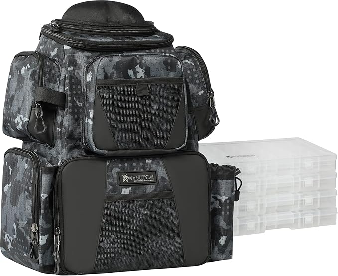 48L Large Fishing Tackle Backpack With Rod Holders, 4 Tackle Box, Protective Rain Cover - Water Resistant Storage Bag for Camping, Hiking, Hunting