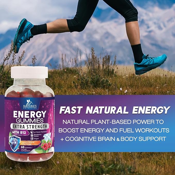 Energy Gummies Vitamin B12 1000 mcg, Green Tea Natural Caffeine Support, Extra Strength Daily Energy Vitamins, Delicious Berry Flavor Gluten Free Chewable Supplement for Cycling & Running - 60 Chews