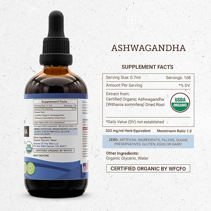 Secrets of the Tribe Ashwagandha Tincture Alcohol-Free Extract, USDA Organic Ashwagandha Withania Somnifera Anti-Stress and Relaxation 2x4 OZ