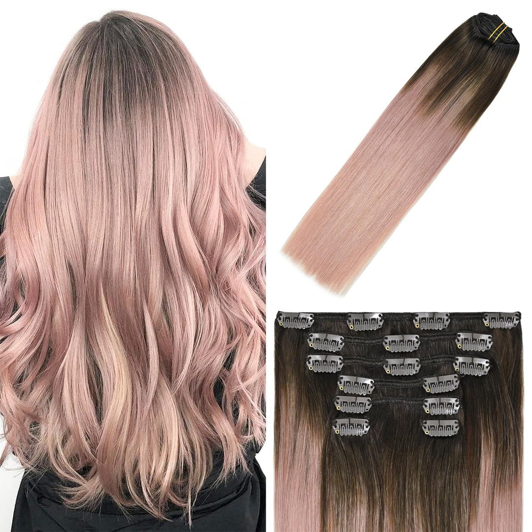 WindTouch Clip in Hair Extensions Real Human Hair Pink Clip in Hair Extensions 70g 7pcs Dark Brown Fading to Pink 12 inch Gray Hair Extensions Real Human Hair Clip Ins