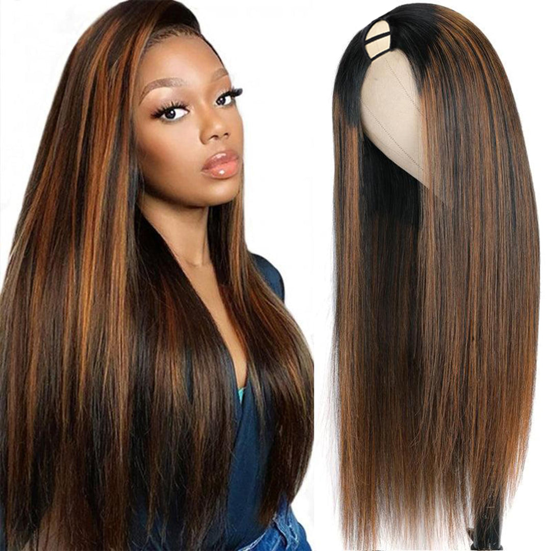 Canaryfly U Part Wigs Human Hair Wigs For Black Women #Fb30 Straight Human Hair Wigs 180% Density Glueless Ombre Brown U-Part Wi