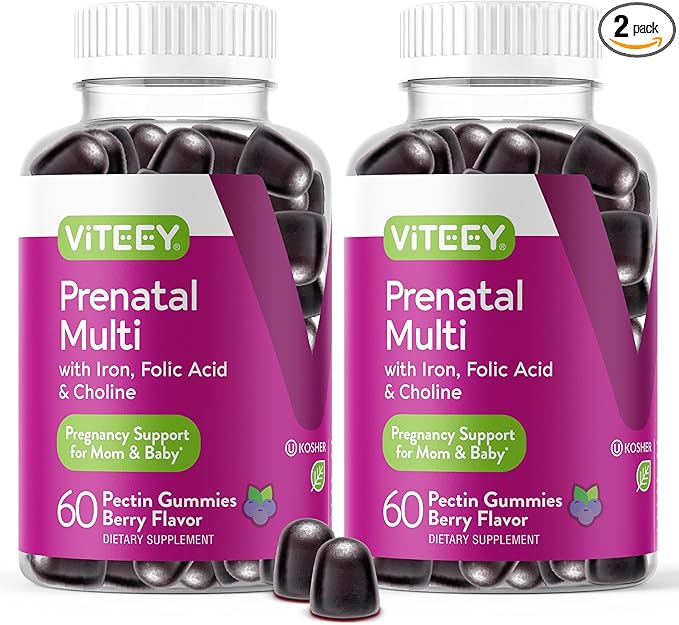 Viteey Prenatal Multi with Iron, Folic Acid & Choline Gummies - Prenatal Multivitamin with Iron, Choline and Folic Acid Gummies - Vegetarian, Gluten Free - Chewable Berry Flavored Prenatal for Women