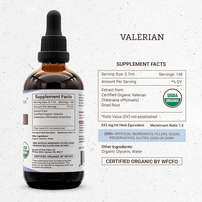 Secrets of the Tribe Valerian USDA Organic | Alcohol-Free Extract, High-Potency Herbal Drops | Made from 100% Certified Organic Valerian (Valeriana officinalis) Dried Root (4 oz)