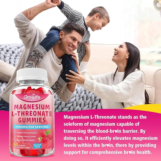 2 Pack Magnesium L-Threonate Gummies 1000MG, Magnesium Threonate Supplement for Kids & Adults, Muscle & Nervous System Support, Sugar-Free, Raspberry Flavor, 120 Count
