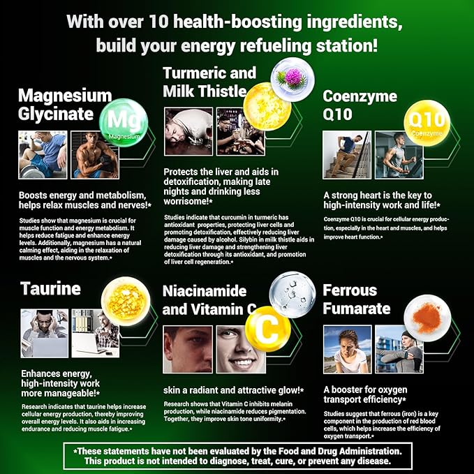 Energy Boost & Magnesium Glycinate, Contains Vitamin D3, Vitamin C, Turmeric, Ashwagandha, Milk Thistle, Calcium & Magnesium Supplement 120 Tablets
