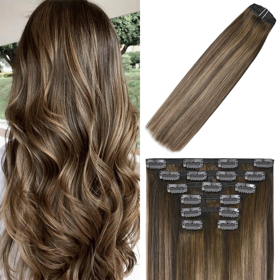 Windtouch Clip In Hair Extensions Human Hair Extensions Clip In Extensions Balayage Medium Brown To Caramel Blonde Hair Extensio