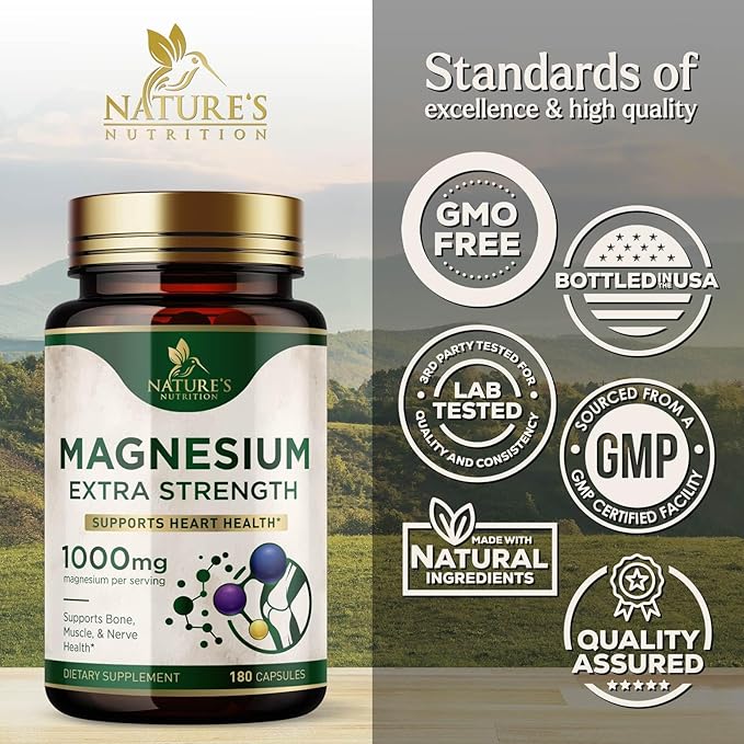 Magnesium Supplement (Citrate Oxide) 1000mg for Best Absorption, Supports Bone, Heart Health, Nerves, Muscles & Metabolism, Nature's Pure Magnesio Vitamin Pills, Bottled in USA, 180 Capsules