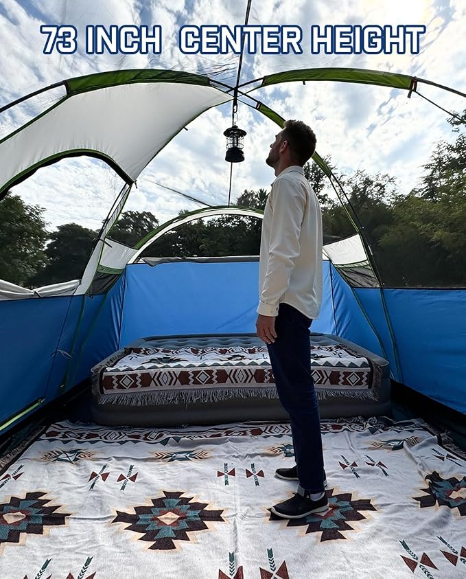 8 Person Larger Extended Dome Camping Tent with 3 Rooms, Waterproof Semi-Freestanding Family Outdoor Tent with Spacious Interior and Mesh Windows