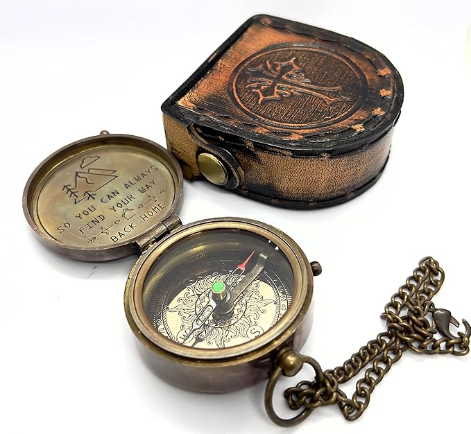 Antique Brass Compass with Detachable Chain & Carrying Case – Vintage Nautical Navigation Tool for Outdoor Hiking, Survival, and Travel – Gift for Collectors and Adventurers