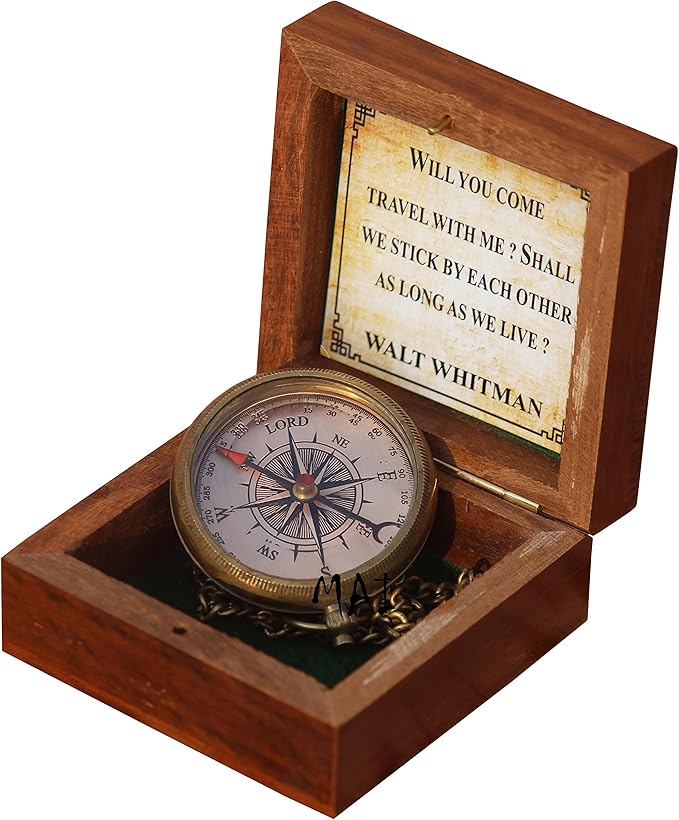Will You Come Travel With Me? Shall We Stick By Each Other As Long As We Live? Vintage Quote Brass Compass with Wooden Box Scripture-WALT WHITMAN, Gifts Idea, Girls/Boys, Lovers, Husband, Wife, Fiancé