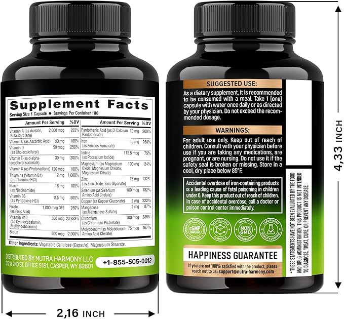 Bariatric Multivitamin - 45 mg Iron Supplements - Made in USA - for Women & Men - All-in-One, 21 Essential Vitamins - Gastric Sleeve Support - Free of Sugar, Gluten & Soy - 180 Capsules, Once Daily