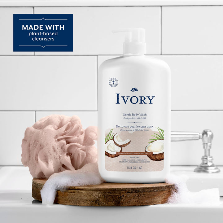 Ivory Gentle Body Wash, Designed for the Whole Family, Free of Dyes Heavy Perfumes Parabens Phthalates & Silicones, Coconut Scent, 35 oz
