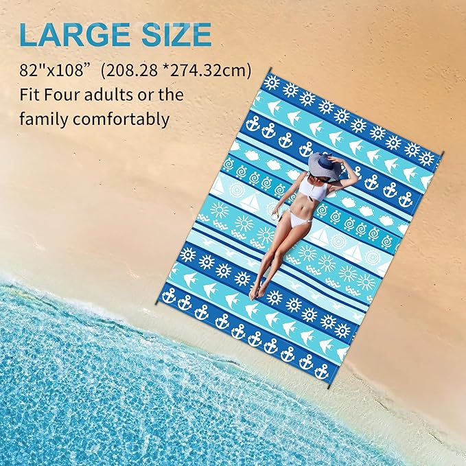 Large Beach Blanket Waterproof Sandproof 108"x 82" for 1-6 Adults,Quick Drying Beach Mat,Lightweight & Durable,Beach Essentials for Family Beach Camping Travel Picnic