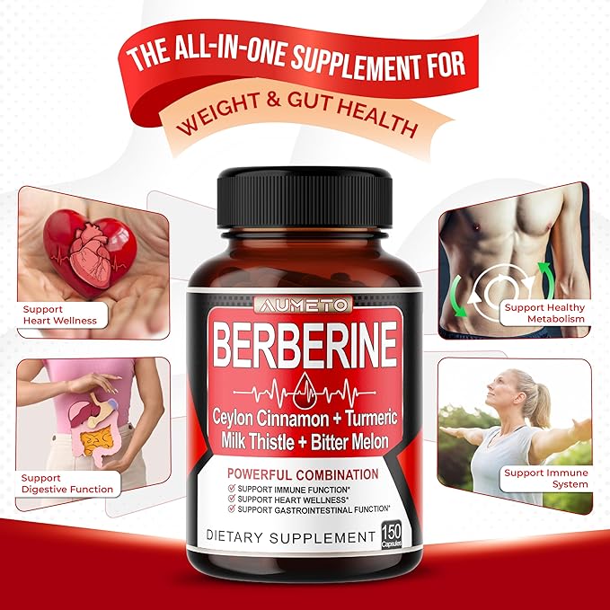 8 in 1 Berberine Supplement - Per Capsule Provides - Support Digestion, Immunity - with Ceylon Cinnamon, Milk Thistle, Turmeric, Bitter Melon