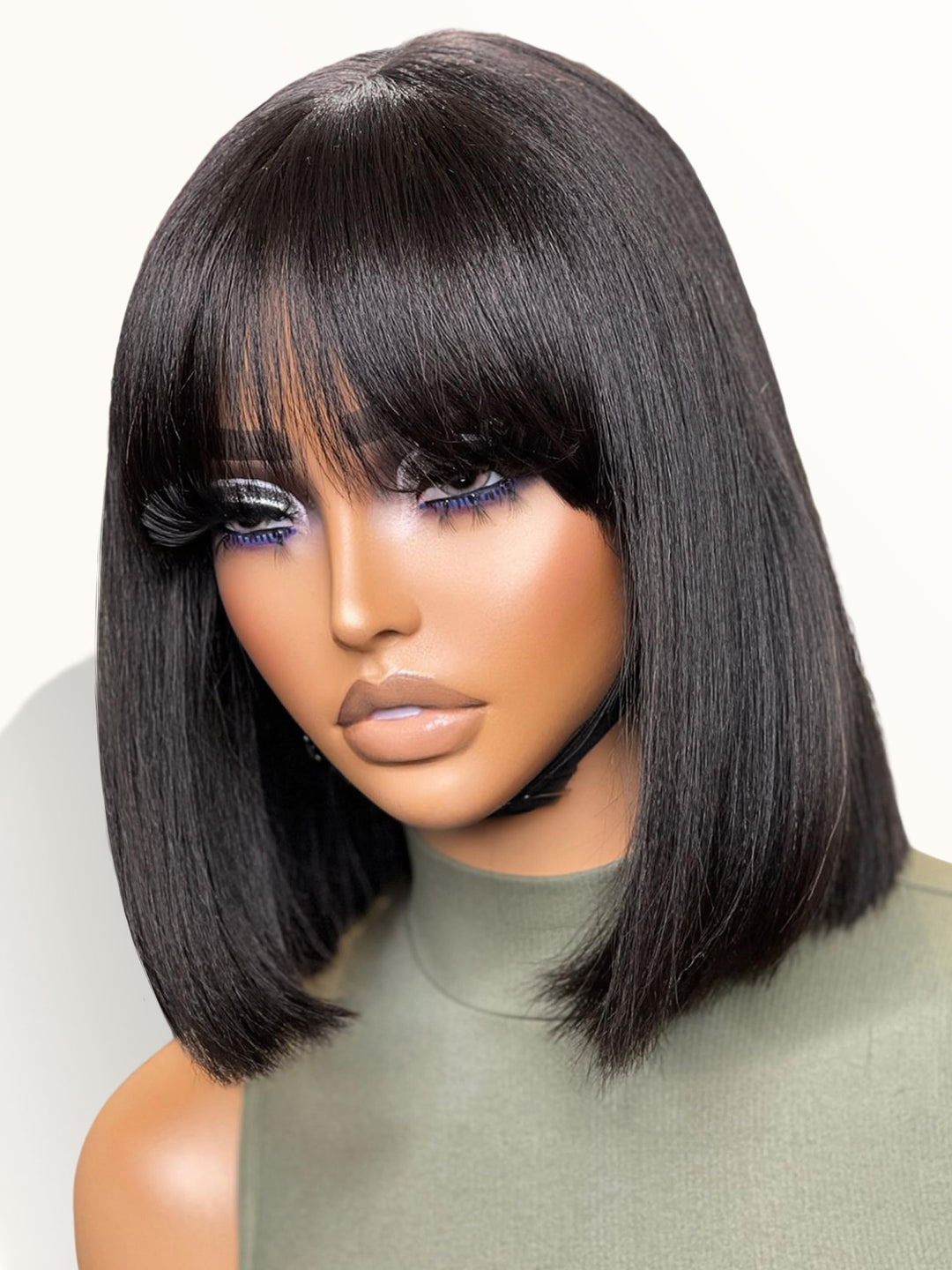 LUVME HAIR 10 Inch Light Yaki Straight Bob Wig with Bangs Human Hair Realistic HD Lace Short Black Bob Wigs, Ready to Go Blunt Cut Bob Wig Glueless 180 Density