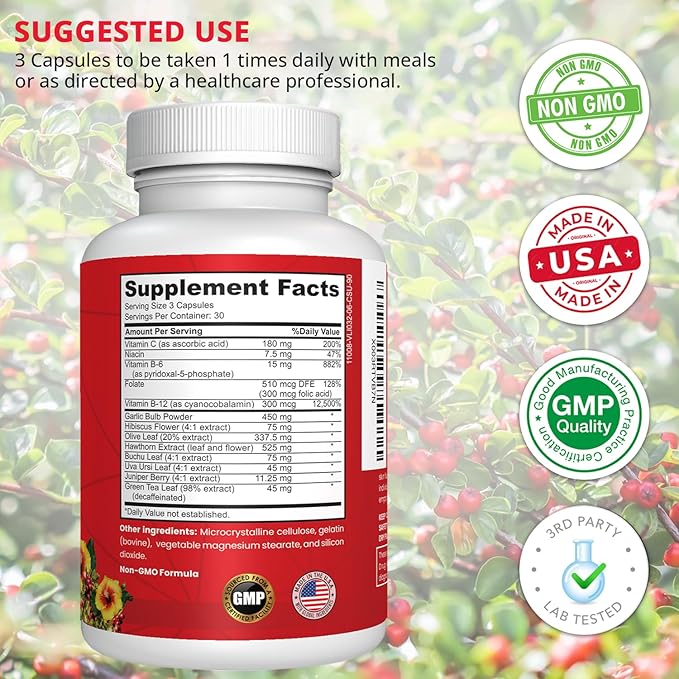Blood Pressure Support and Cardiovascular Supplement W/ Hawthorn, Hibiscus - Nitric Oxide Support for Normal Blood Pressure Support W/ Vitamin B12 & Folic Acid - Garlic Supplements - 90 CT