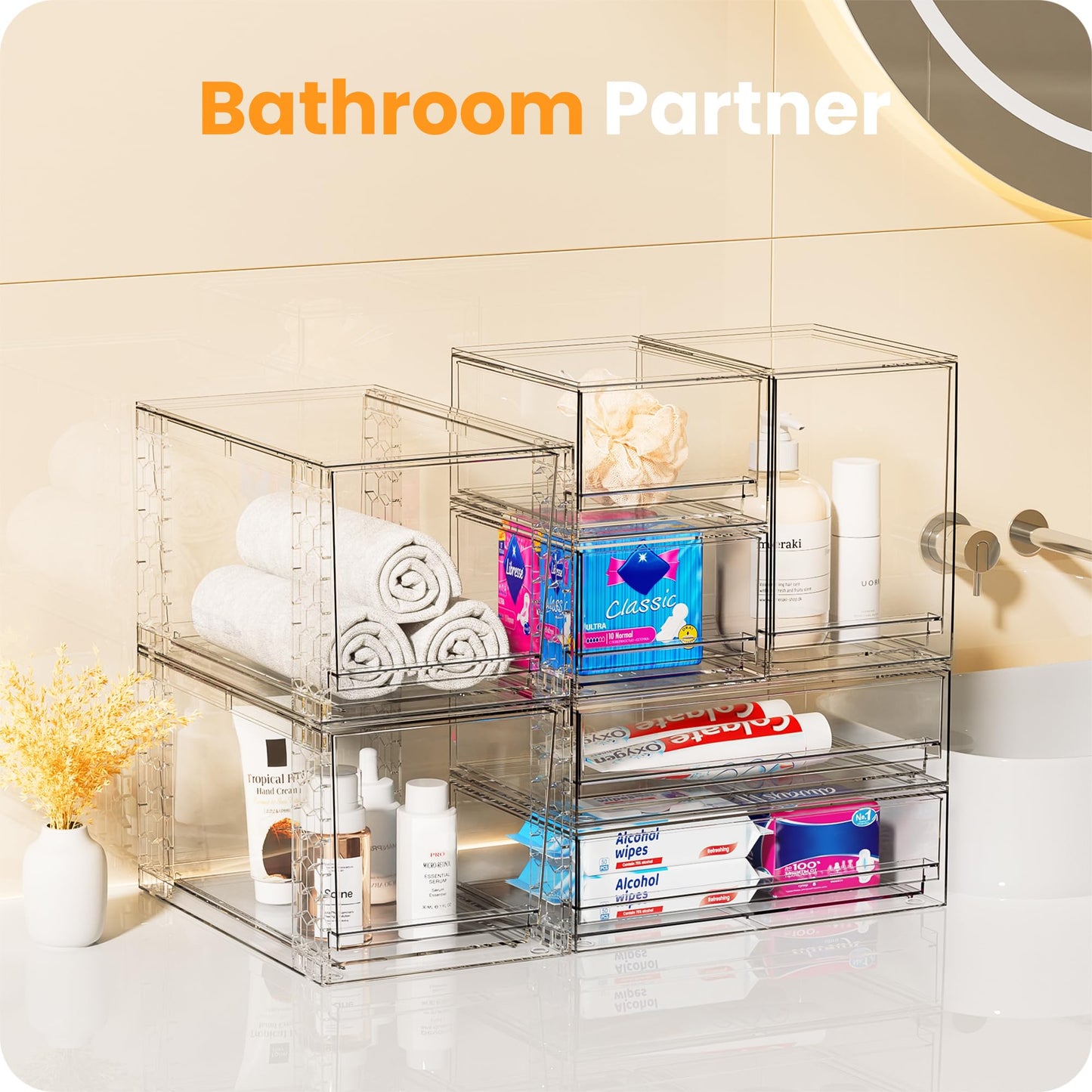 A-LuGei 2 Pack 𝗖𝗿𝘆𝘀𝘁𝗮𝗹 𝗖𝗹𝗲𝗮𝗿 Vanity Makeup Organiser, Stackable Acrylic Desk Drawer Organisers and Storage, Plastic Organisation Box for Bathroom Skincare Perfume Medicine Under Sink