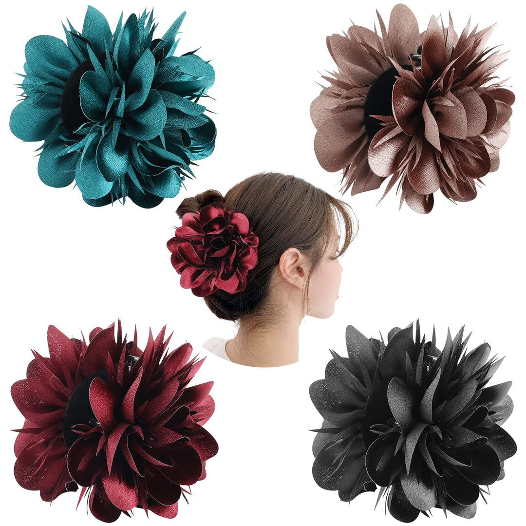 Cinaci 4 Pack Big Large Satin Rose Floral Flower Plastic Hair Claws Clips Bow Barrettes Clamps Bun Chignon Updo Holders Hair Acc