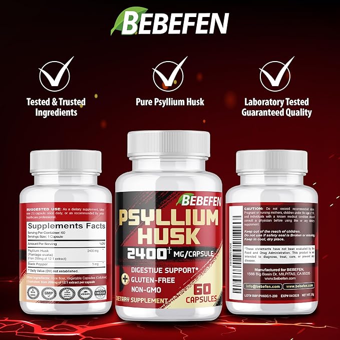 BEBEFEN Psyllium Husk Capsules 2400mg with Black Pepper - 2 Month Supply - Daily Soluble Fiber for Gut Health - Non-GMO and Gluten-Free Formula