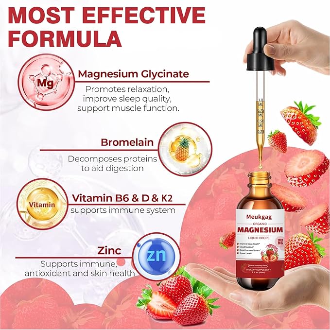 Magnesium Glycinate Liquid - 1000mg Liquid Magnesium Complex Supplement with Bromelain, D3, B6 & K2 - Magnesium Glycinate 500mg for Calm Mood/Muscle & Sleep, Strawberry Flavor, 2fl Oz