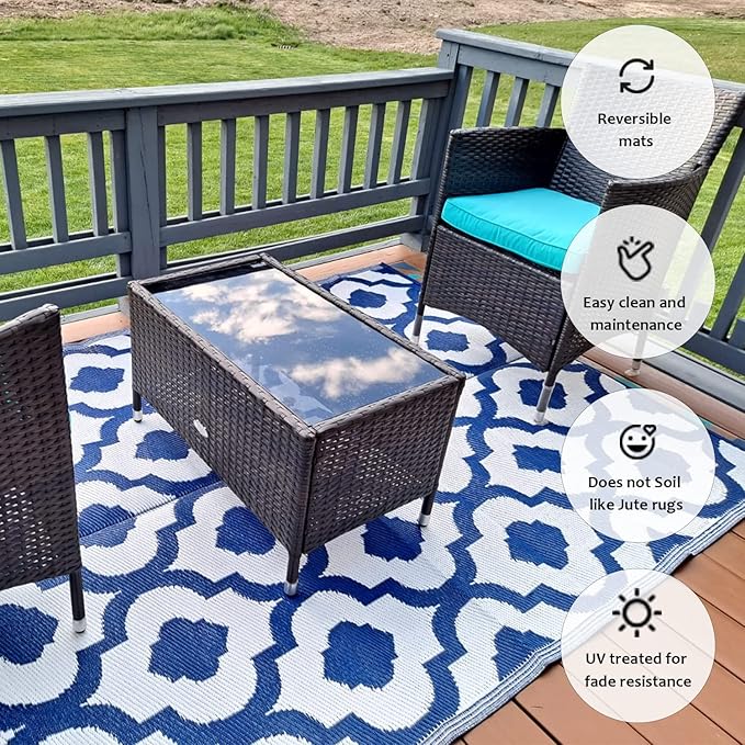BalajeesUSA Recycled Outdoor Plastic Patio Rugs Clearance Waterproof RV Camper Rug Large Reversible mats 6'x9' Blue & White 20317