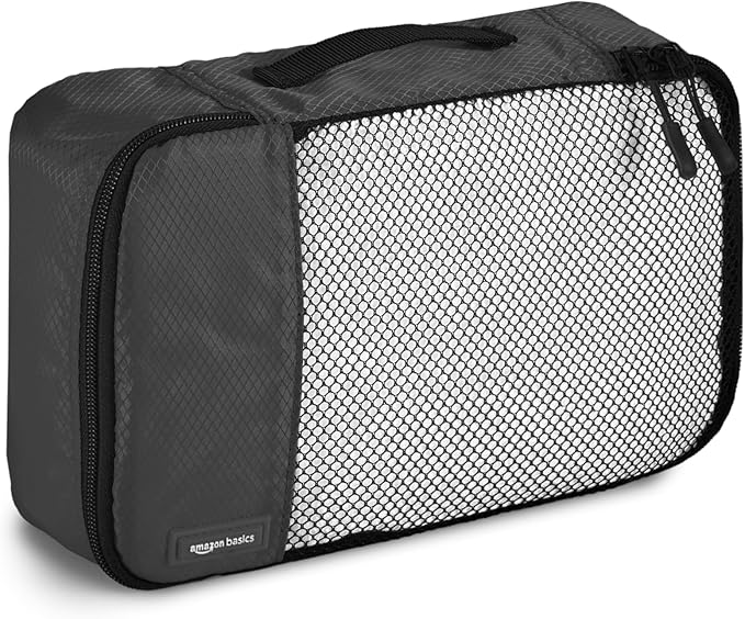 Amazon Basics Lightweight Packing Cubes Travel Organizer Set with Double Zipper, Mesh Top, Small, Medium, Large, Slim, Black, 4 Piece