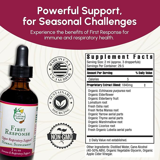 First Response Tincture - for Seasonal Discomfort, Upper Respiratory Support, Healthy Lungs, Immune System Support, Elderberry, OSHA, Yarrow, Herbal Supplement - 2 Fl Oz