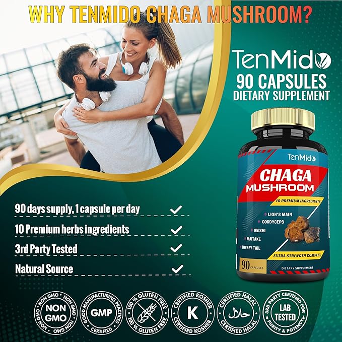 Chaga Mushroom Extract Capsules & Lions Mane, Cordyceps and More | Digestive Health, Anti-Aging, Immune Support | Energy Boost, Rich in Antioxidants & Nutrients, 3 Months Supply
